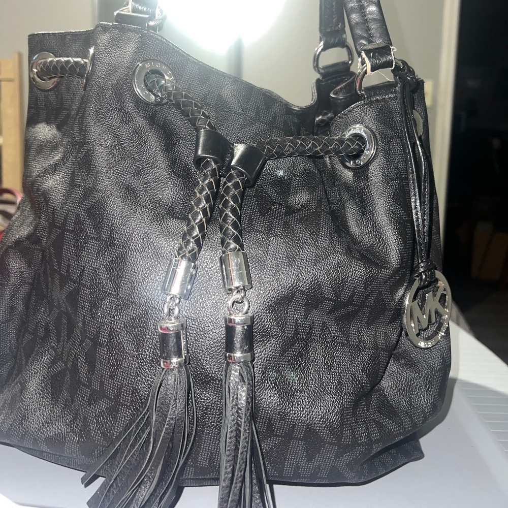 Michael Kors Large Braided Tassel Black Logo Tote Bag